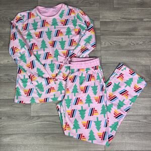 Aldi Gear Christmas Tree Holiday Women's Pink Pattern Pajama Set sz S